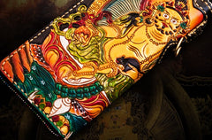 Handmade Leather Tooled Yellow Jambhala Mens Chain Biker Wallet Cool Leather Wallet Zipper Long Phone Wallets for Men