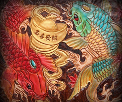 Handmade Leather Mens Clutch Wallet Tooled Cool Carp Wallet Long Zipper Wallets for Men