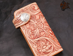 Handmade Mens Cool Tooled Floral Leather Chain Wallet Biker Trucker Wallet with Chain - iwalletsmen