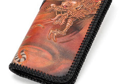 Handmade Leather Tooled Chinese Dragon Tiger Mens Chain Biker Wallet Cool Leather Wallet Long Clutch Wallets for Men