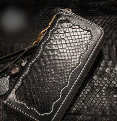 Handmade Leather Python Skin Mens Chain Biker Wallet Cool Leather Wallet Long Phone Wallets for Men
