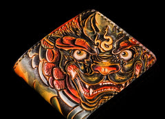 Handmade Leather Chinese Lion Tooled Mens billfold Wallet Cool Leather Wallet Slim Wallet for Men
