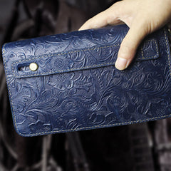 Handmade Leather Floral Tooled Mens Clutch Cool Slim Wallet Zipper Clutch Wristlet Wallet for Men