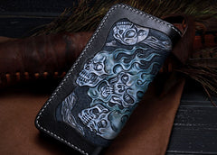 Handmade Leather Skull Tooled Mens Chain Biker Wallet Cool Leather Wallet With Chain Wallets for Men