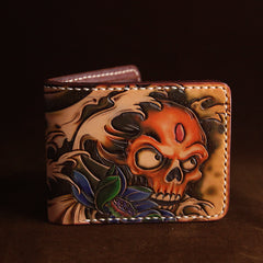 Handmade Tooled Leather Mens Skull billfold Wallets Bifold Wallet Small Wallet For Men - iwalletsmen