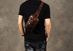 Genuine Leather Mens Cool Chest Bag Sling Bag Crossbody Bag Travel Bag Hiking Bag for men