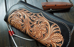 Handmade Leather Mens Clutch Tooled Floral Wallet Cool Wallet Long Wallets Biker Chain Wallet for Women Men