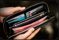 Handmade Leather Tooled Carp Mens Chain Biker Wallet Cool Leather Wallet Long Phone Wallets for Men