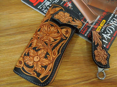 Handmade Leather Biker Wallet Tooled Floral Mens Cool Chain Wallet Trucker Wallet with Chain