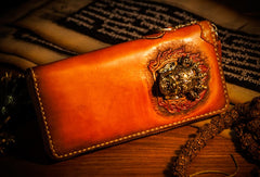 Handmade Leather Tooled Tibetan Mens Chain Biker Wallet Cool Leather Wallet Long Clutch Wallets for Men