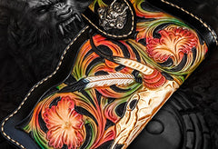 Handmade Leather Black Mens Tooled Skull Chain Biker Wallet Cool Leather Wallet Long Clutch Wallets for Men
