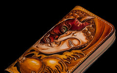 Handmade Leather Mens Clutch Wallet Cool Buddha&Demon Tooled Wallet Long Zipper Wallets for Men