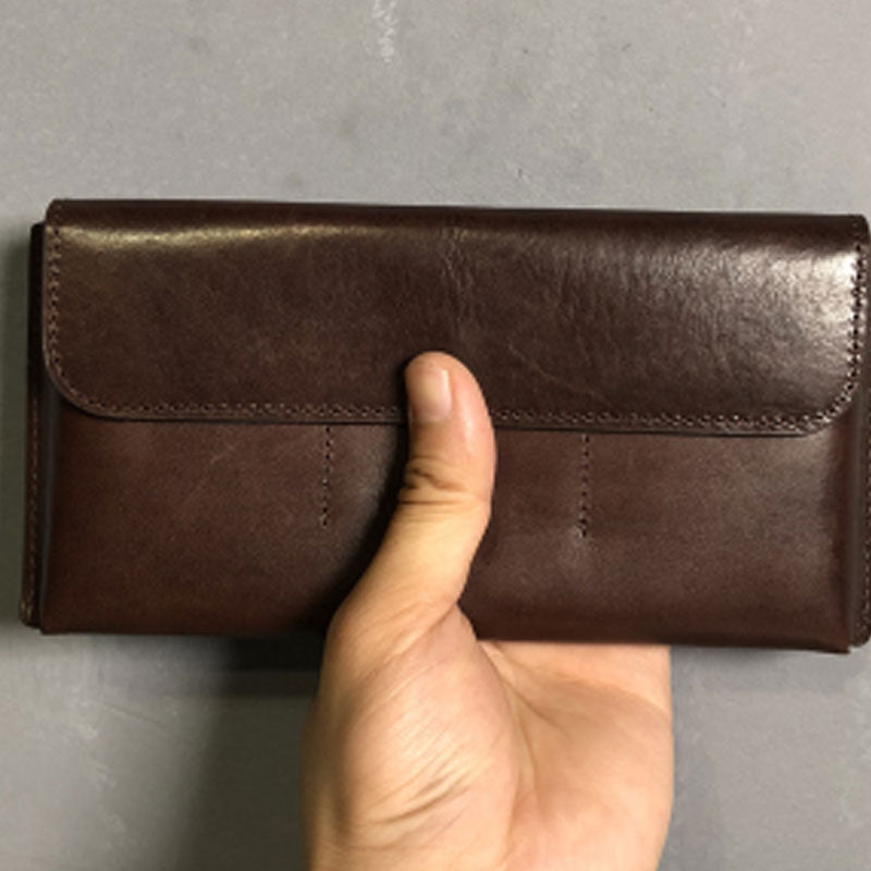 Handmade Leather Mens Cool Wallet Long Leather Wallet Clutch Wristlet Wallet for Men Women