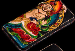 Handmade Leather Tooled Yellow Jambhala Mens Chain Biker Wallet Cool Leather Wallet Zipper Long Phone Wallets for Men