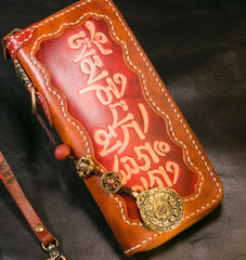 Handmade Leather Tooled Mens Chain Biker Wallet Cool Leather Wallet Long Phone Wallets for Men