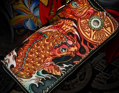 Handmade Leather Tooled Carp Mens Chain Biker Wallet Cool Leather Wallet Long Phone Wallets for Men