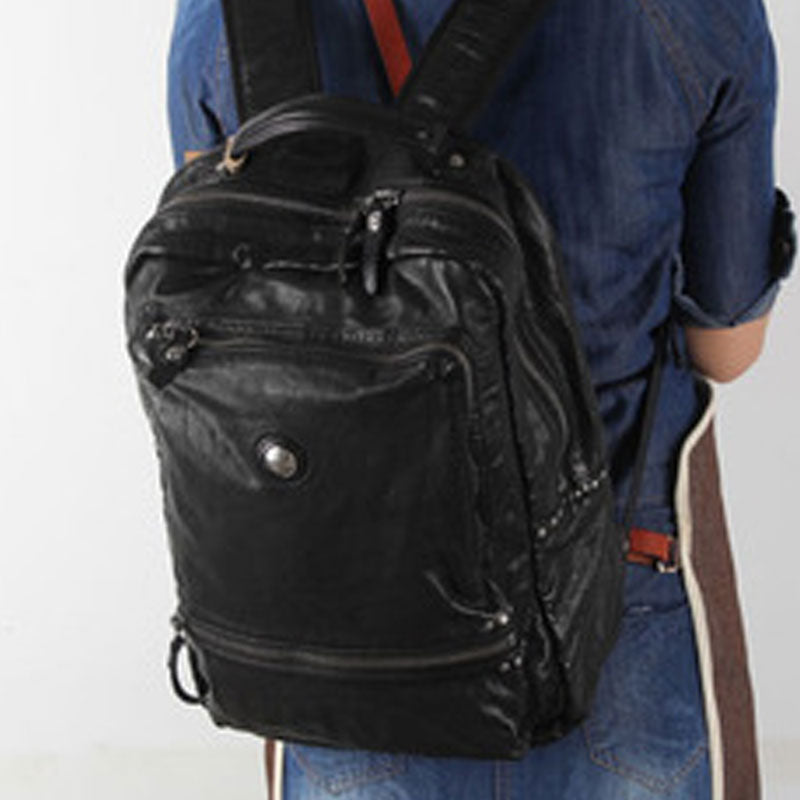 Handmade Leather Mens Cool Backpack Sling Bag Large Black Travel Bag Hiking Bag for men