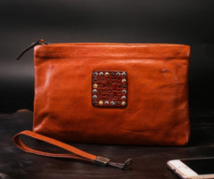 Handmade Leather Mens Clutch Cool Slim Wallet Zipper Clutch Wristlet Wallet for Men