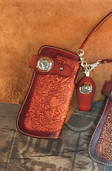 Handmade Leather Tooled Skull Mens Chain Biker Wallet Cool Leather Wallet Long Wallet for Men