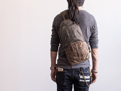 Canvas Leather Mens Cool Chest Bag Sling Bag Crossbody Bag Travel Bag Hiking Bag for men