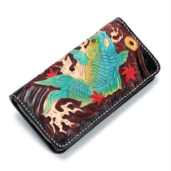 Handmade Leather Carp Mens Chain Biker Wallet Cool Leather Wallet Long Phone Wallets for Men