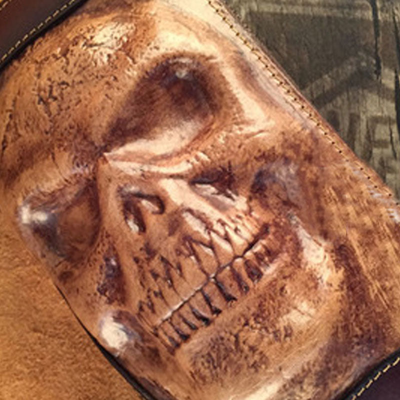 [On Sale]Handmade Genuine Leather Mens Clutch Cool Long Wallet Skull Zipper Clutch Wristlet Wallet for Men