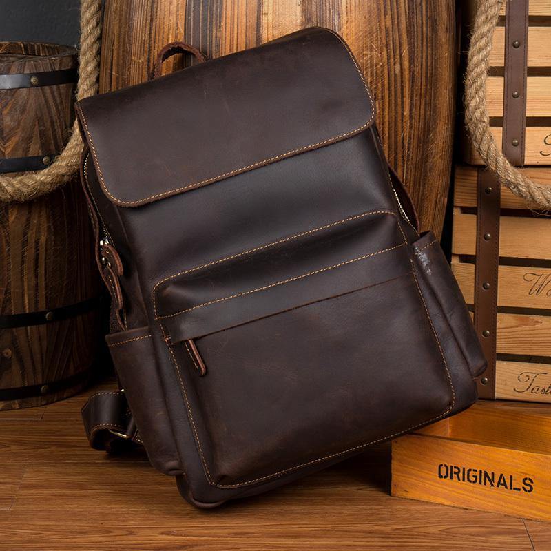 Brown Casual Mens Leather 15inches Computer Backpacks Black Travel Backpack College Backpacks for men - iwalletsmen