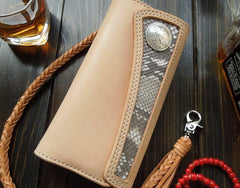 Handmade Leather Biker Wallet Boa Skin Trifold Mens Cool Chain Wallet Trucker Wallet with Chain
