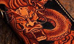 Handmade Leather Tooled Chinese Dragon Mens Chain Biker Wallet Cool Leather Wallet Zipper Long Phone Wallets for Men