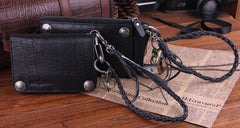 Genuine Leather Mens Cool Biker Chain Wallet Long Leather Wallet Slim Clutch Wristlet Wallet for Men