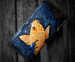 Handmade Leather Men Tooled Carp Cool Leather Wallet Long Phone Wallets for Men