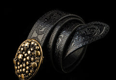 Handmade Genuine Leather Skull Mens Belt Custom Cool Leather Men Black Belt for Men