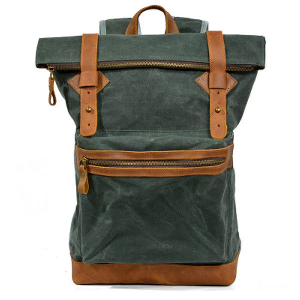 Green Waxed Canvas Leather Mens Cool Backpack Canvas Travel Backpack Canvas School Backpack for Men - iwalletsmen
