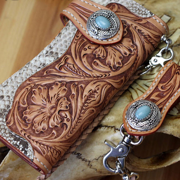 Handmade Mens Cool Tooled Boa Skin Floral Leather Chain Wallet Biker Trucker Wallet with Chain