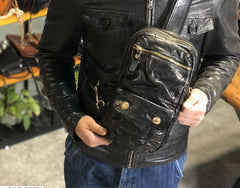 Genuine Leather Mens Cool Chest Bag Sling Bag Crossbody Bag Travel Bag Hiking Bag for men