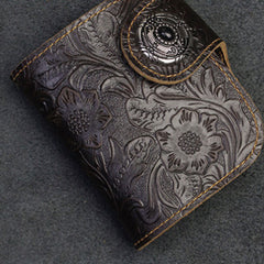 Handmade Leather Floral Mens Cool Biker Wallet Leather Wallet Men billfold Wallets Bifold for Men
