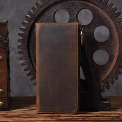 Handmade Leather Mens Cool Long Leather Wallet Zipper Clutch Wallet for Men