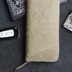 Handmade Leather Floral Mens Cool Travel Long Wallet Card Holder Card Slim Clutch Wallets for Men