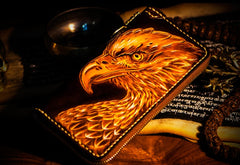 Handmade Leather Mens Tooled Eagle Chain Biker Wallet Cool Leather Wallet Long Clutch Wallets for Men