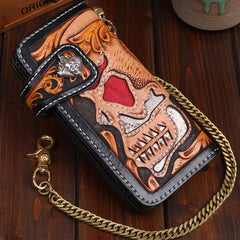 Handmade Leather Skull Mens Chain Biker Wallet Cool Leather Wallet Long Tooled Wallets for Men