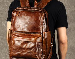 Genuine Leather Mens Cool Backpack Sling Bag Large Brown Travel Bag Hiking Bag for men