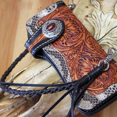 Handmade Mens Cool Tooled Boa Skin Floral Leather Chain Wallet Biker Trucker Wallet with Chain