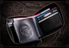 Handmade Leather Chinese Lion Tooled Mens billfold Wallet Cool Chain Wallet Biker Wallet for Men