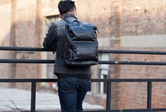 Genuine Leather Mens Cool Backpack Sling Bag Large Black Travel Bag Hiking Bag for men