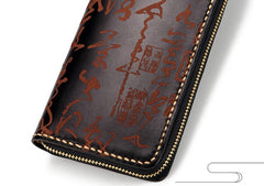 Handmade Leather Mens Chain Chinese Handwriting Biker Wallet Cool Leather Wallet Long Phone Wallets for Men