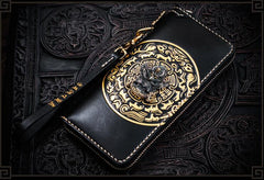 Handmade Leather Tibetan Mens Chain Biker Wallet Cool Leather Wallet Long Clutch Wallets for Men