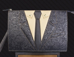 Handmade Leather Floral Tooled Mens Clutch Cool Slim Wallet Zipper Clutch Wristlet Wallet for Men