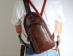 Genuine Leather Mens Cool Chest Bag Sling Bag Crossbody Bag Travel Bag Hiking Bag for men