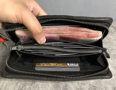 Genuine Leather Mens Cool Long Leather Wallet Zipper Clutch Wristlet Wallet for Men