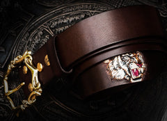 Handmade Genuine Leather Mens Tooled Tiger Belt Custom Cool Leather Men Black Belt for Men